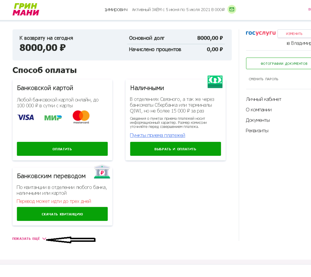 Грин Мани погасить займ